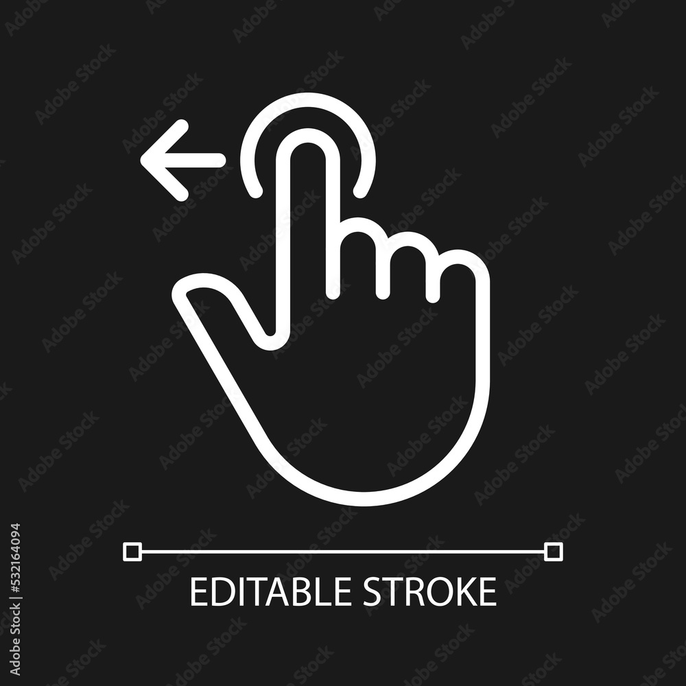 Move to left pixel perfect white linear icon for dark theme. Digital device interaction. Swipe and slide. Thin line illustration. Isolated symbol for night mode. Editable stroke. Arial font used Move to left pixel perfect white linear icon for dark theme. Digital device interaction. Swipe and slide. Thin line illustration. Isolated symbol for night mode. Editable stroke. Arial font used
