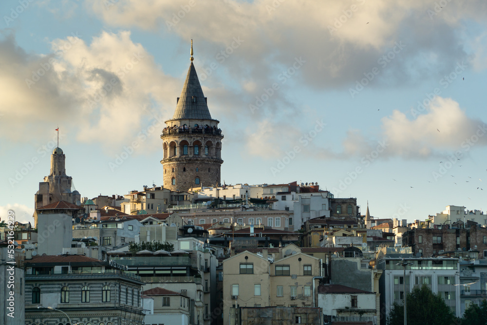 Landscape of the galata tower at sunset in Istanbul, Turkey