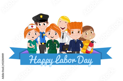 Happy labor day card with children in professional costumes of firefighter, stewardess, nurse, policeman. Cute national holiday congratulation card. People different occupation vector illustration