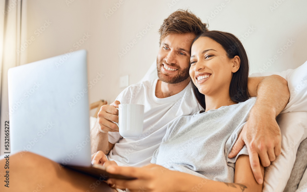 Love couple and laptop with a man and woman streaming series or a