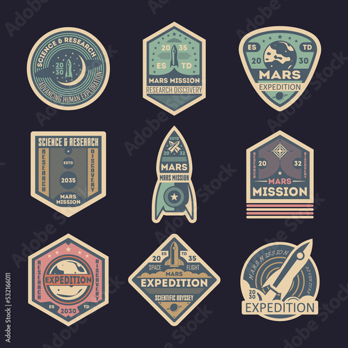 Mars expedition retro isolated label set. Space exploration badge, scientific odyssey symbol, modern spacecraft flying, martian discovery vector illustration. Planet colonization sign collection.