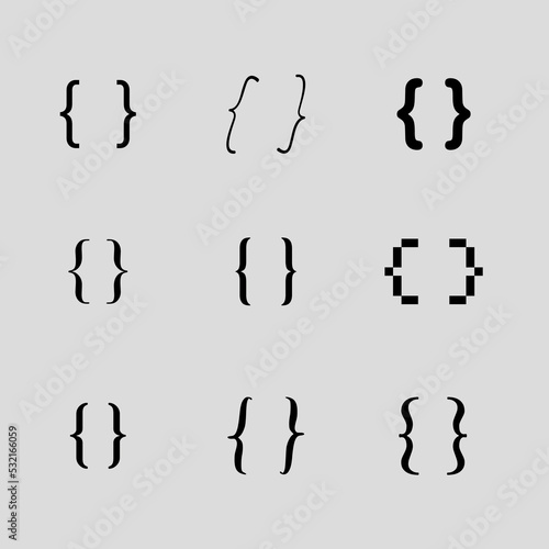 Different brackets set. Curly braces Vector illustration, curly bracket icon in different style. Black designed for web, UI and mobile users. Calligraphic large set.