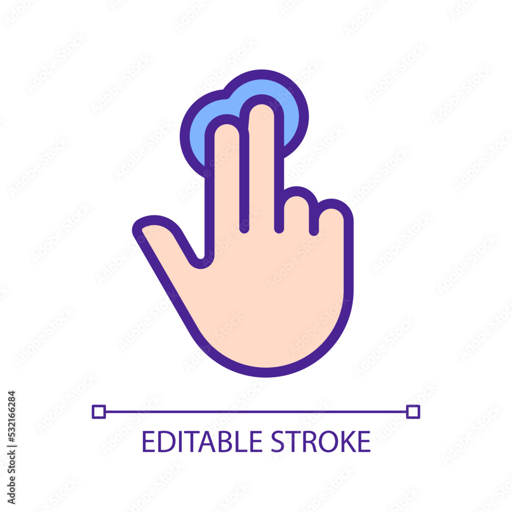 Obraz premium Double finger touch pixel perfect RGB color icon. Multi touch technology. Touch screen navigation. Smartphone. Silhouette symbol on white space. Solid pictogram. Vector isolated illustration