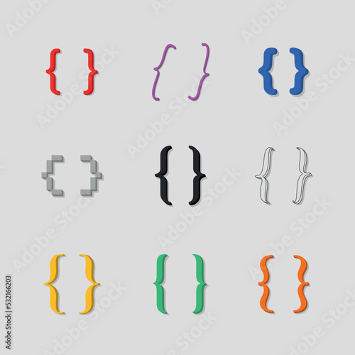 Different brackets set. Curly braces Vector illustration, curly bracket icon in different style. Black designed for web, UI and mobile users. Calligraphic large set.