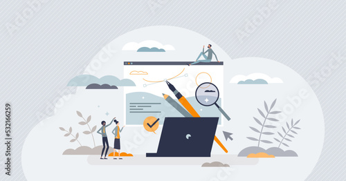 App development and application design drawing teamwork tiny person concept. Home page creation with content and media layout optimization and responsive online website project vector illustration.