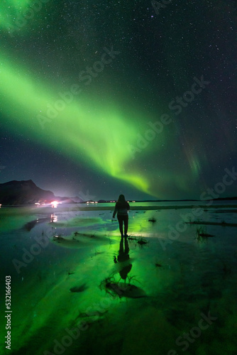 woman on the beach looking at the aurora photo