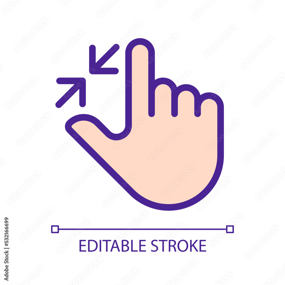 Obraz premium Zoom out touch pixel perfect RGB color icon. Multi touch technology. Adjust zoom. Touchscreen. Smartphone. Silhouette symbol on white space. Solid pictogram. Vector isolated illustration
