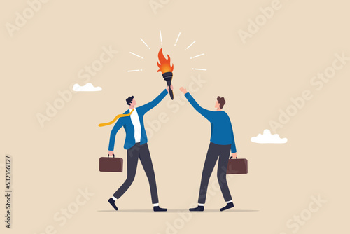 Successor plan, baton pass or transfer to new chosen leader, change new CEO or collaboration to achieve goal and win business competition concept, smart businessman leader passing torch to successor. photo