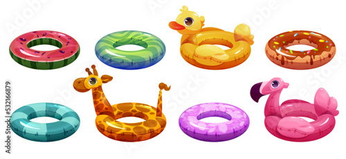 Inflatable rubber rings for swim in pool or sea. Colorful circle float rings in shape of pink flamingo, duck, giraffe, donut and watermelon isolated on white background, vector cartoon set