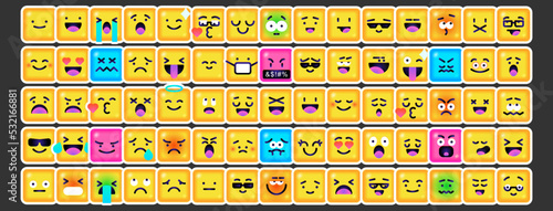 Square Emoticons set. Yellow Emoji faces emoticon smile, digital smiley expression emotion feelings, chat cartoon emotes. Vector illustration icons
