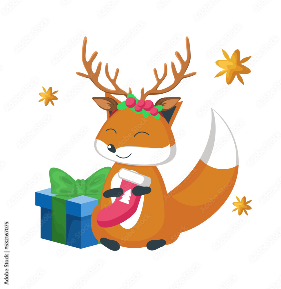 Vector cute Christmas fox animal cartoon card