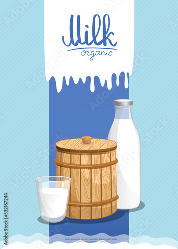 Healthy farm food banner with dairy products. Natural organic dairy product, traditional and fresh meal concept. Layout for milk retail advertising or product presentation vector illustration.