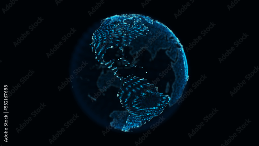 Digital dotted planet earth isolated on a black background fit for layer compositing. Stylized world globe with glowing particle dots. Big data technology, communication, digital concept. 3D render - obrazy, fototapety, plakaty 