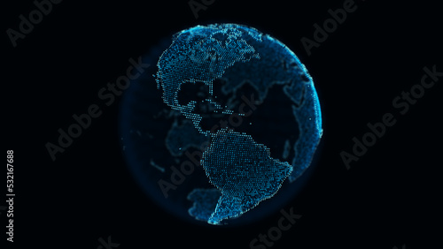 Digital dotted planet earth isolated on a black background fit for layer compositing. Stylized world globe with glowing particle dots. Big data technology, communication, digital concept. 3D render