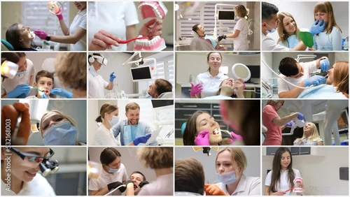 European modern dental clinic, health care and dentistry. Work of a dentist. Video collage  photo