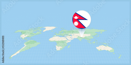 Location of Nepal on the world map, marked with Nepal flag pin.