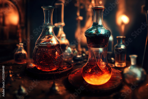 3 D render. Bright liquid in a chemical flask. Mysticism, magic, science, chemistry