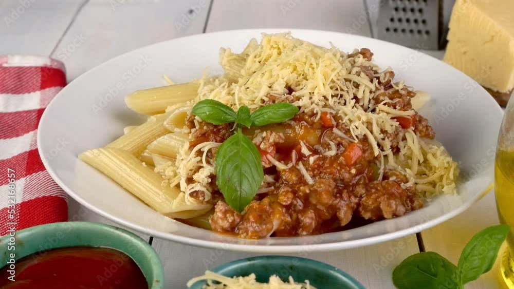 Putting on table penne pasta with tomato bolognese sauce, in plate, sprinkled with grated cheese. Putting on table penne pasta with tomato bolognese sauce, in plate, sprinkled with grated cheese.