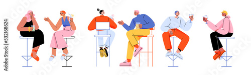 People in bar sitting on high chairs drinking alcohol or refreshing beverages. Young male and female characters with wineglasses communicate, dating, celebrate party, Line art flat vector illustration