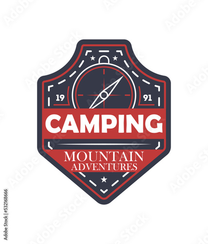 Mountain extreme adventures vintage isolated badge. Outdoor explorer sign, touristic camping label, nature expedition vector illustration