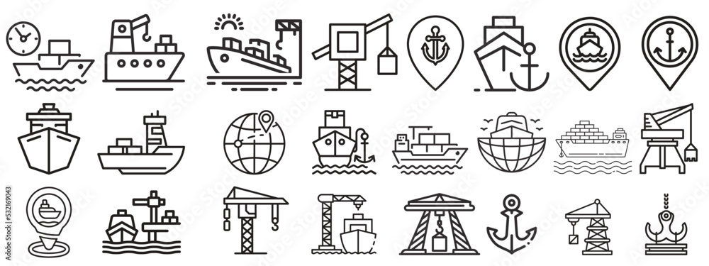Marine port icons set.sea freight services, ship, Shipping, container and more