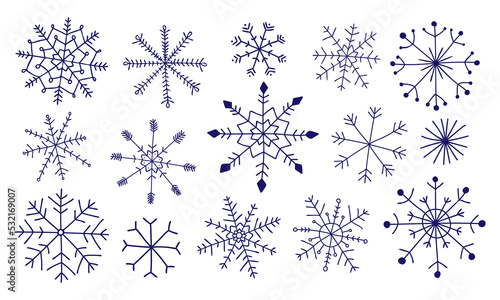 Set snowflakes in doodle style for winter design. Vector illustration. Collection hand drawn snowflakes