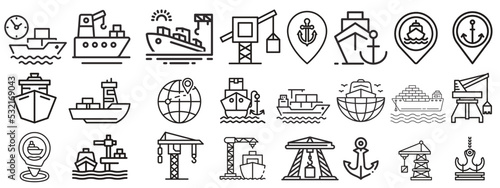 Marine port icons set.sea freight services, ship, Shipping, container and more