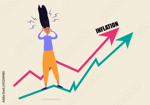 Inflation. Woman Scary of Inflation. Arrows are going up. Vector illustration for Web Banner, Infographics, Mobile
