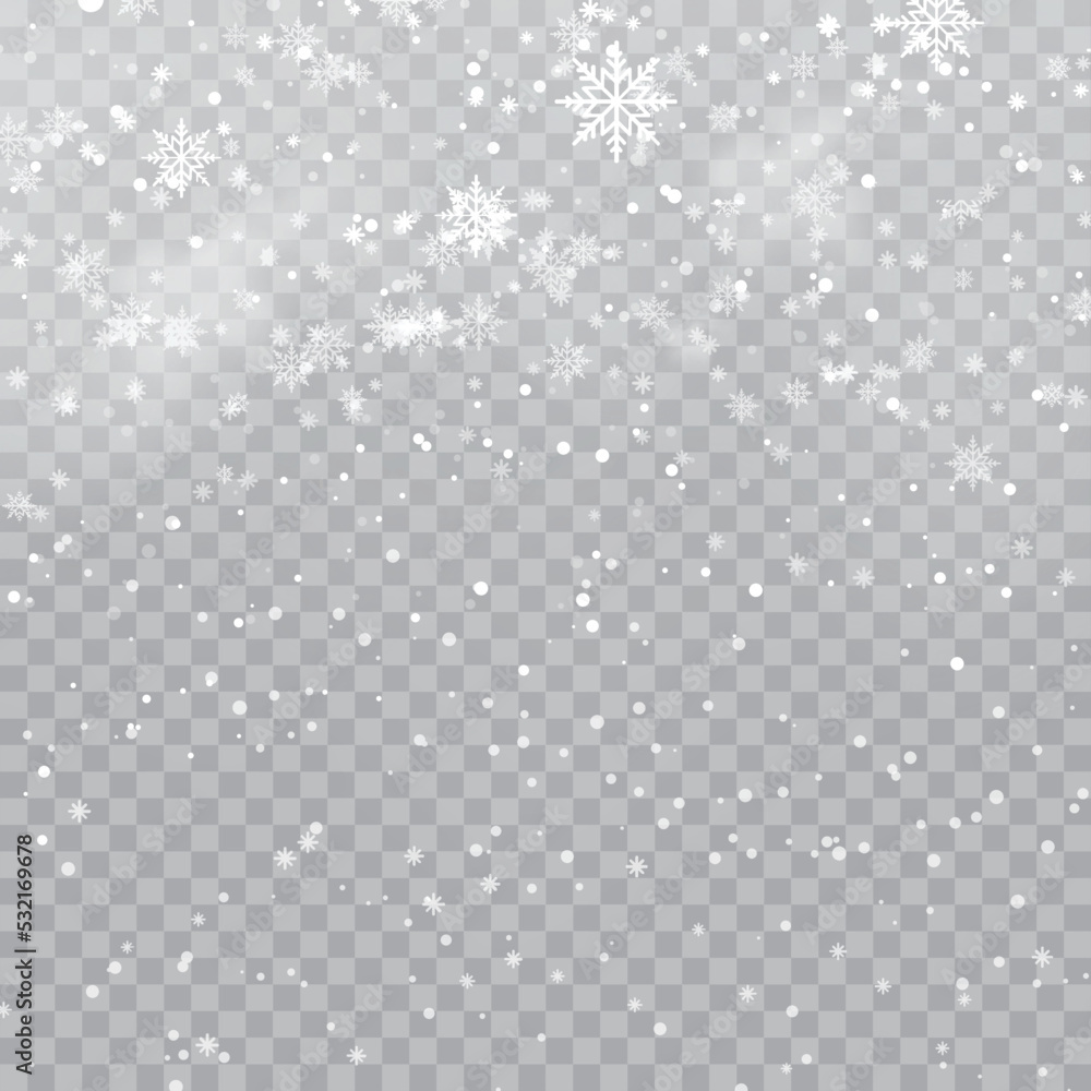 Happy New Year or Christmas card with falling snowflakes on transparent background. Vector Happy New Year or Christmas card with falling snowflakes on transparent background. Vector