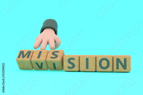 Hand turns dice and changes the word "mission" to "vision".
