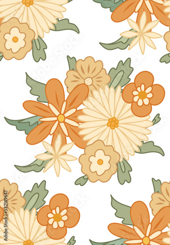 Vector seamless retro pattern with bouquet groovy flowers. Blossom hippie texture with different gentle flowers on white background.