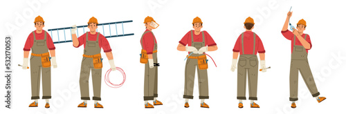 Electrician worker, repair service technician, engineer with tools, ladder and wires doing maintenance works isolated on white background. Electricity job cartoon linear flat vector illustration