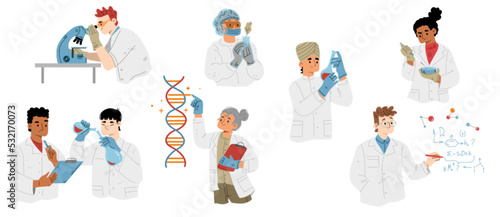 Scientists research in laboratory. Medic, geneticist, chemist or biochemist characters working with microscope, beakers, dna structure, writing formulas in lab, Cartoon linear flat vector illustration