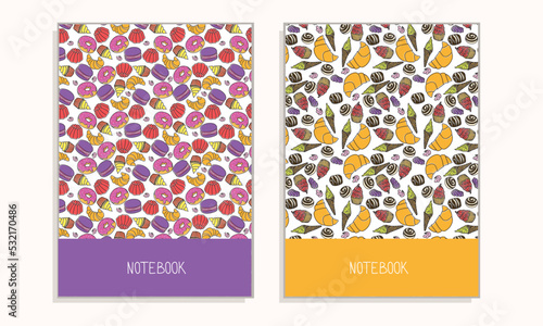 Cover for notebook or any documents with sweet or deserts. Vector illustration.
