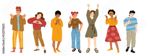 People with hand gestures, thumb up, ok, victory, heart and raise arms. Diverse happy characters show symbols of okay, like and love with hands, vector flat illustration