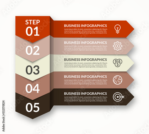 Minimal arrow infographic vector elements. 5 colorful step arrows that can be used for diagram, graph, chart, report, web design.