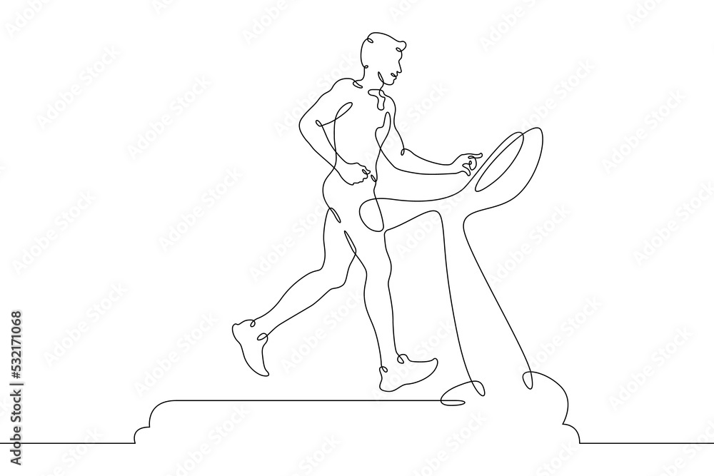 One continuous line.Jogging on a treadmill. Running in the gym. Runner. The man is running.One continuous line is drawn on a white background.
