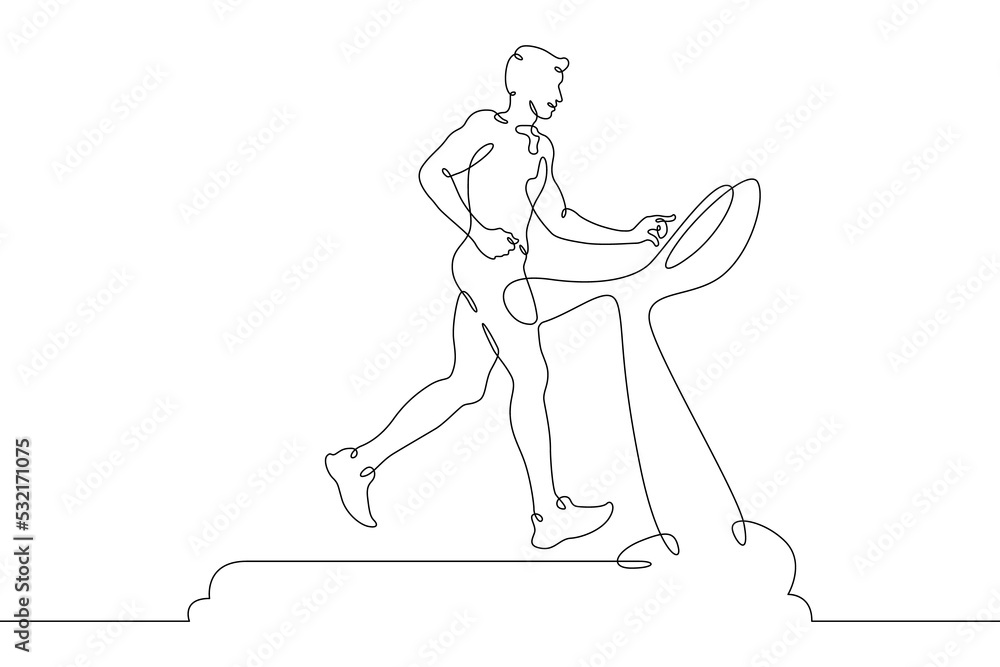 One continuous line.Jogging on a treadmill. Running in the gym. Runner. The man is running.One continuous line is drawn on a white background.