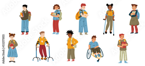 Disabled and healthy kids students, multiracial handicapped children, school boys and girls pupils on wheelchair, prosthesis or crunches with books and bags, Linear cartoon flat vector illustration