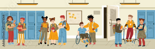 Disabled and healthy kids in school hall communicate. Multiracial handicapped children, boys and girls on wheelchair, prosthesis or crunches study together, Linear cartoon flat vector illustration