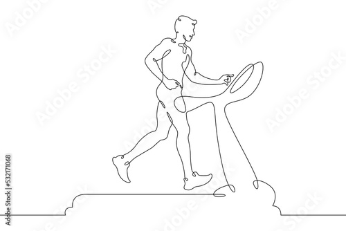Fototapeta Naklejka Na Ścianę i Meble -  One continuous line.Jogging on a treadmill. Running in the gym. Runner. The man is running.One continuous line is drawn on a white background.