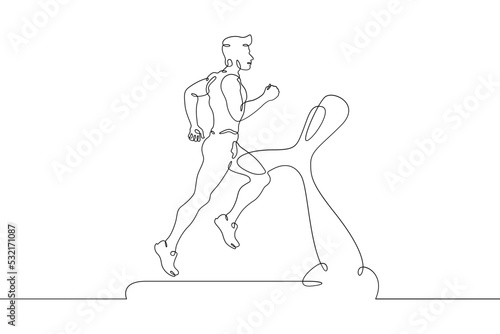 One continuous line.Jogging on a treadmill. Running in the gym. Runner. The man is running.One continuous line is drawn on a white background.