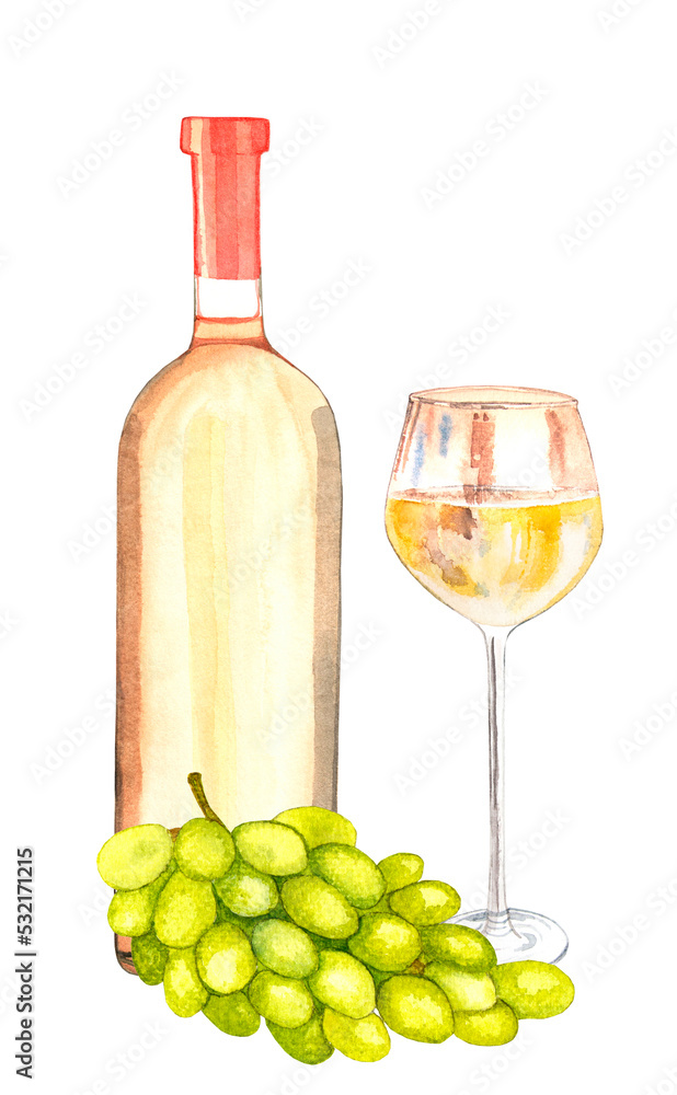 Glass and bottle filled with white wine and grape Glass and bottle filled with white wine and grape