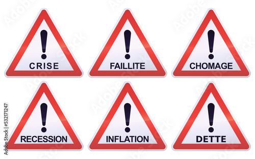 Free Download Collection of white, black and red triangular danger signs with exclamation mark and French language wording such as debt, crisis, bankruptcy, inflation, unemployment and recession (metal reflection) - GFXLoad