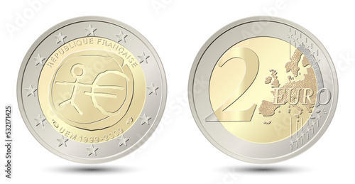 France. 2 Euro coin. Ten years of Economic and Monetary Union. Reverse and obverse of France two euro coin. Vector illustration isolated on white background.