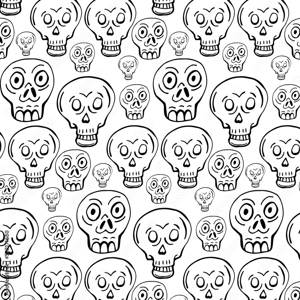 Abstract decorative seamless background. Horror. Smiling sculls. Death. Contrast theme.