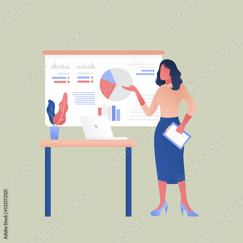 Working women cartoon character working on laptop computer with coffee cup and monitor beside