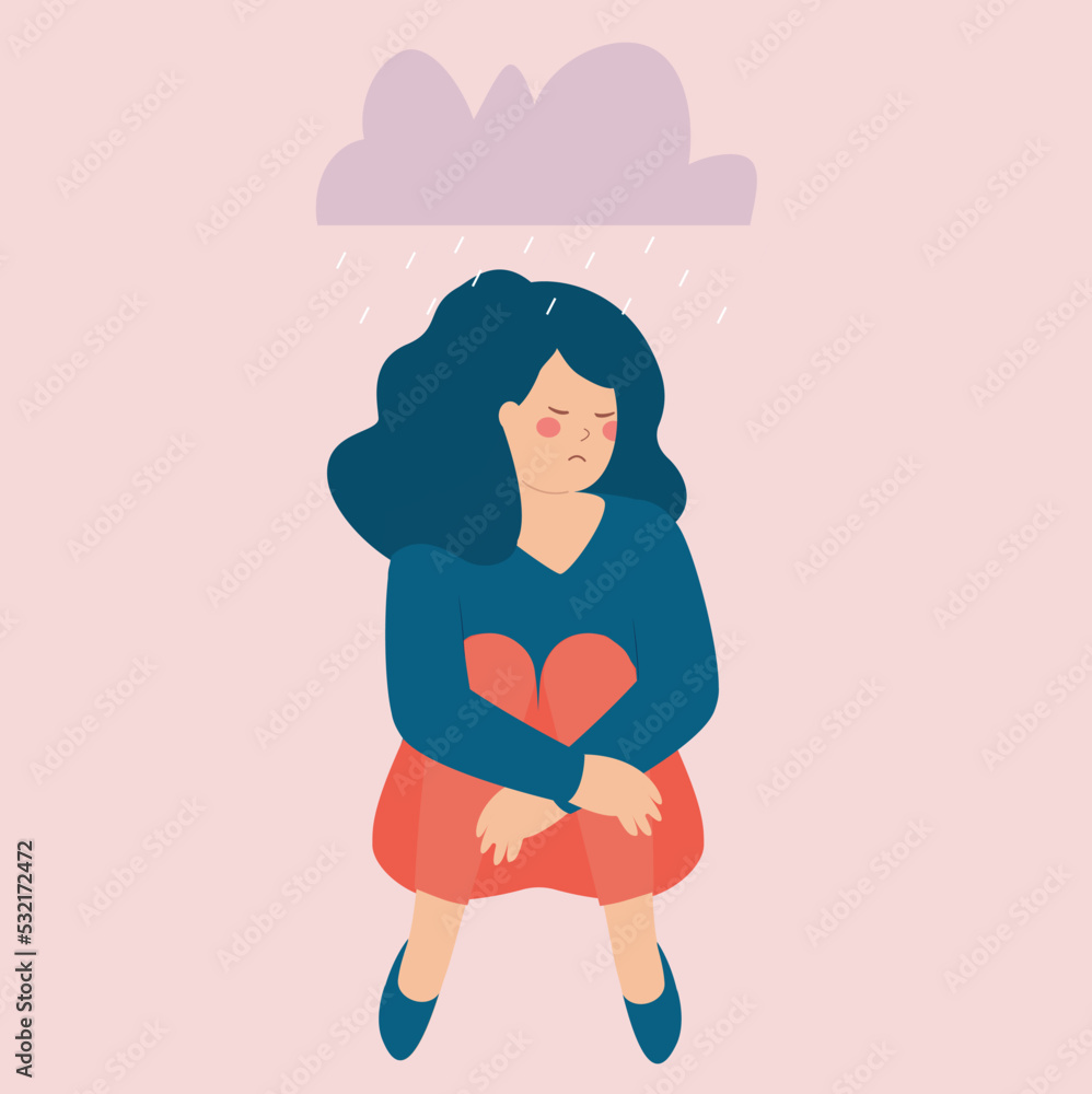 Depressed woman sits on the ground suffers from mental health illness and solitude. Sad girl with negative tangled thoughts and psychological issues. Concept of depression, anxiety and stress. Depressed woman sits on the ground suffers from mental health illness and solitude. Sad girl with negative tangled thoughts and psychological issues. Concept of depression, anxiety and stress.