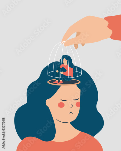 Specialist doctor helps a woman closed inside a cage and released her free. Female has mental health gets care treatment from a psychologist. Psychotherapy, depression and drugs addiction concept.