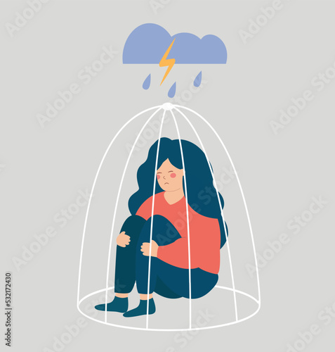 Sad woman or girl needs help inside a closed cage. Influence of drug addiction on psychology and mental health. Concept of restrictions on the ability of women in society. Vector stock